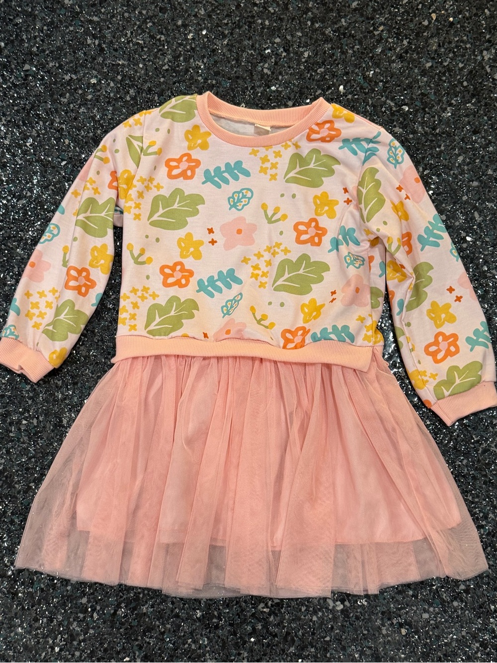 Girls Pink Floral Fit Flare Long Sleeve Tulle Skirt Crew Neck Dress 120 (4-5T)